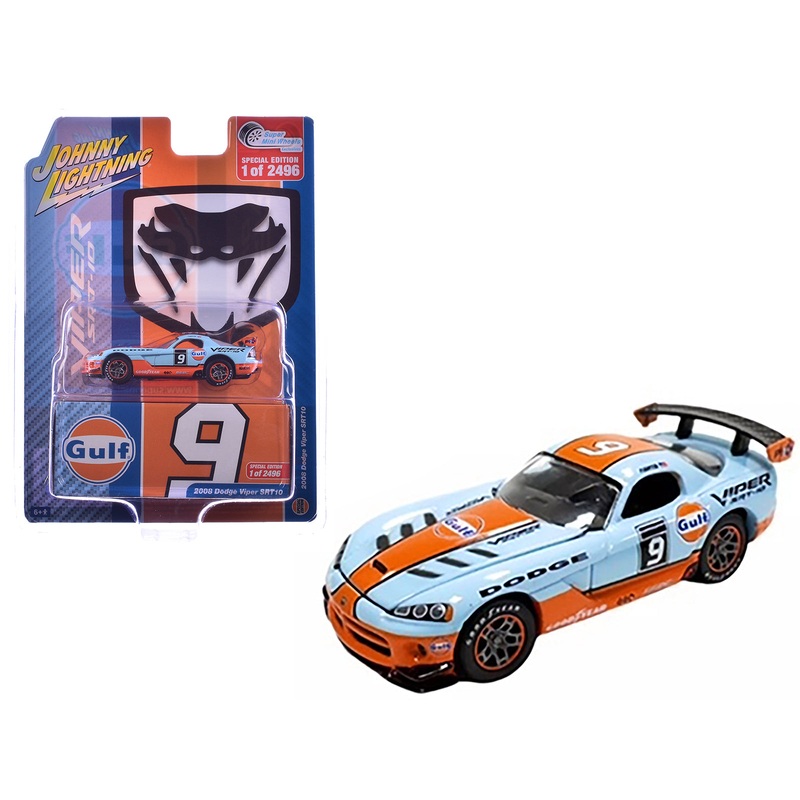 2008 Dodge Viper SRT10 #9 “Gulf Oil” Light Blue and Orange Limited Edition to 2496 pieces Worldwide 1/64 Diecast Model Car by Johnny Lightning