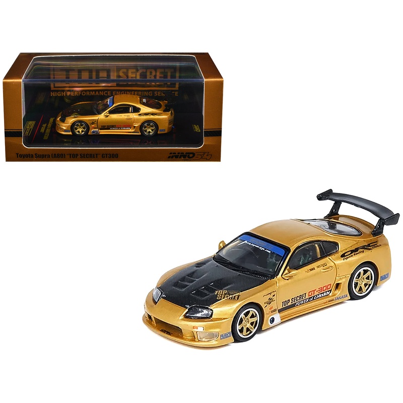 Toyota Supra (A80) “Top Secret” GT300 RHD (Right Hand Drive) Gold Metallic with Carbon Hood 1/64 Diecast Model Car by Inno Models