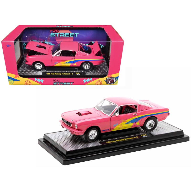 1966 Ford Mustang Fastback 2+2 Pink with Blue and Yellow Stripes “Pro Street” Limited Edition to 6250 pieces Worldwide 1/24 Diecast Model Car by M2 Machines