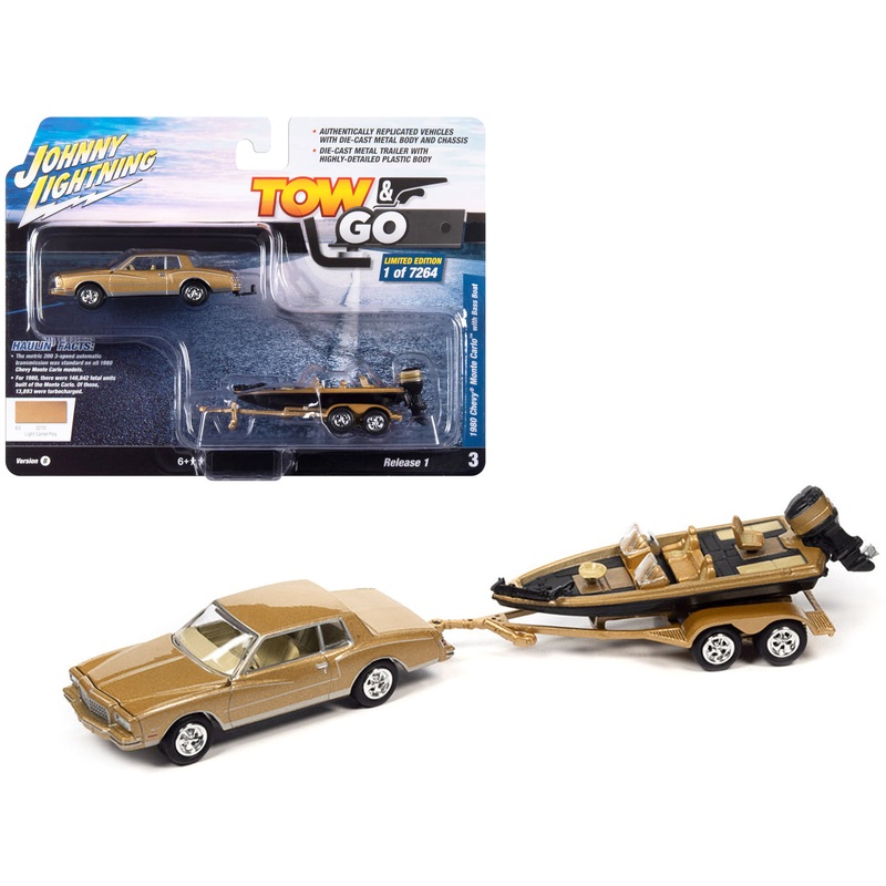 1980 Chevrolet Monte Carlo Light Camel Gold Metallic with Bass Boat and Trailer Limited Edition to 7264 pieces Worldwide “Tow & Go” Series 1/64 Diecast Model Car by Johnny Lightning