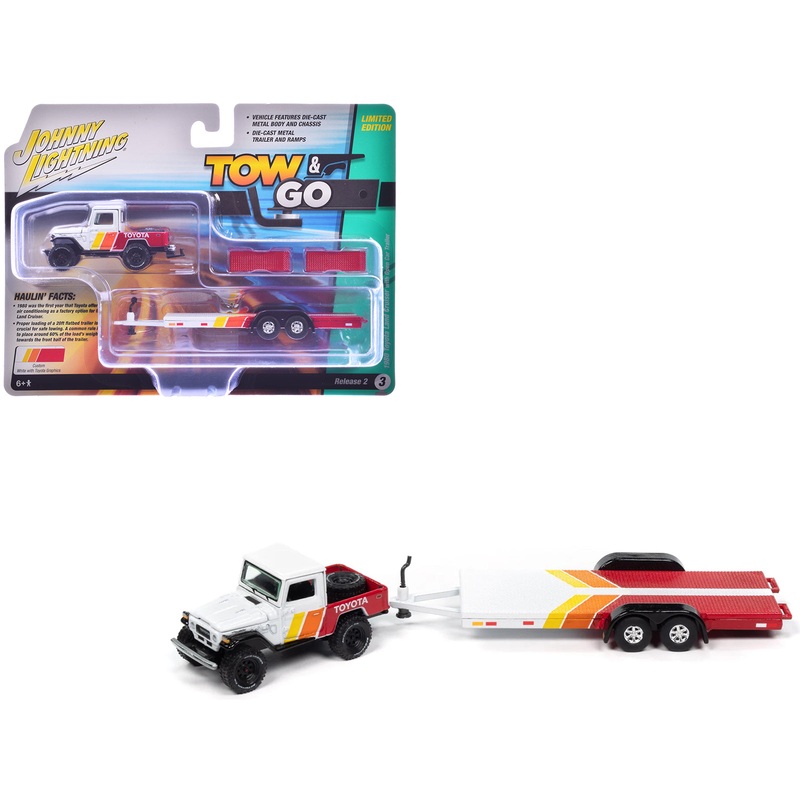 1980 Toyota Land Cruiser Pickup Truck White and Red with Stripes and Open Car Trailer Limited Edition “Tow & Go” Series 1/64 Diecast Model Car by Johnny Lightning