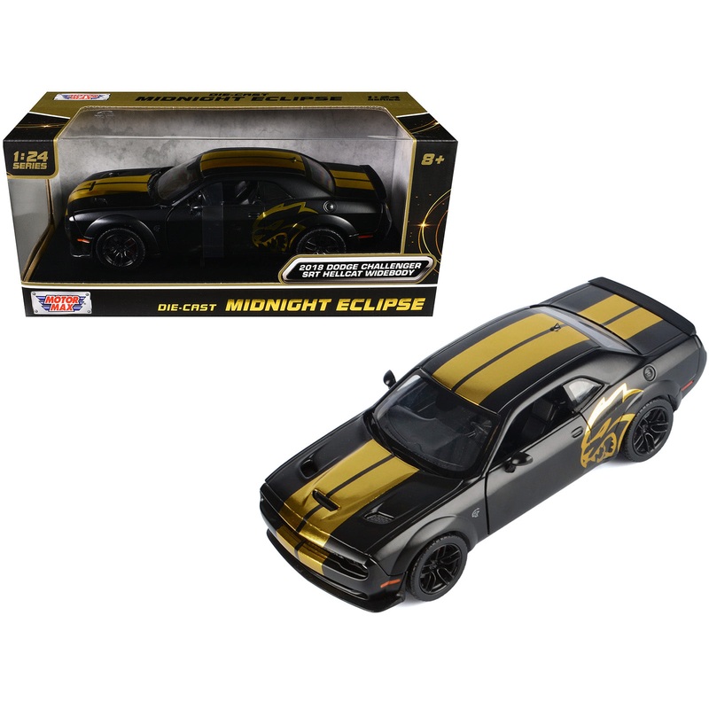2018 Dodge Challenger SRT Hellcat Widebody Matt Black with Gold Stripes and Graphics “Midnight Eclipse” Series 1/24 Diecast Model Car by Motormax