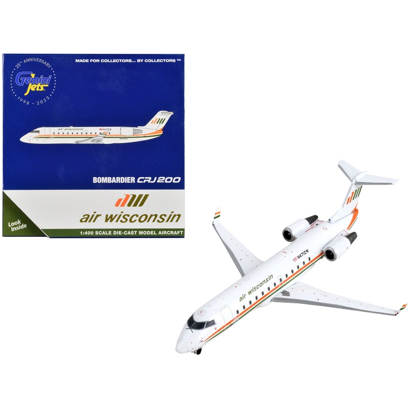Bombardier CRJ200 Commercial Aircraft “Air Wisconsin” White with Orange and Green Stripes 1/400 Diecast Model Airplane by GeminiJets