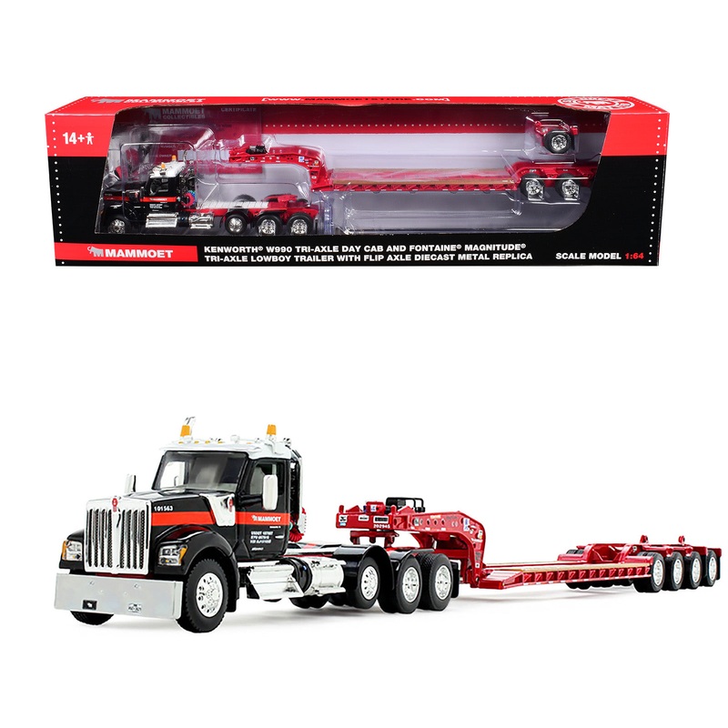 Kenworth W990 Heavy Haul Day Cab and Magnitude Tri-Axle Lowboy Trailer with Flip Tail “Mammoet” Black and Red 1/64 Diecast Model by DCP/First Gear