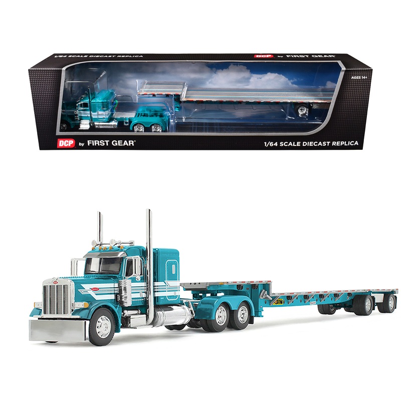 Peterbilt 379 with 48″ Flat Top Sleeper and Transcraft Step Deck Trailer Teal with White Stripes 1/64 Diecast Model by DCP/First Gear