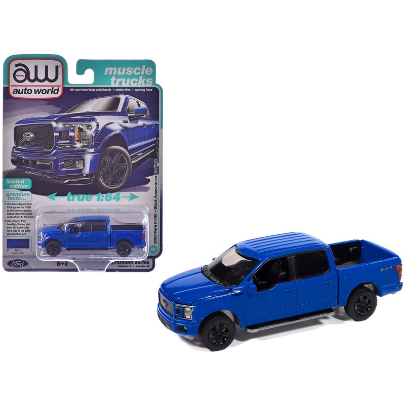 2020 Ford F-150 FX4 Black Appearance Package Pickup Truck Velocity Blue “Muscle Trucks” Series 1/64 Diecast Model Car by Auto World