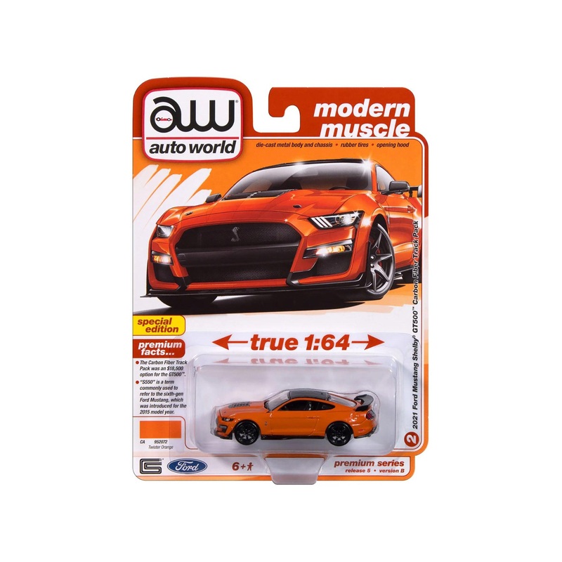 2021 Ford Mustang Shelby GT500 Carbon Fiber Track Pack Twister Orange with Black Top “Modern Muscle” Series 1/64 Diecast Model Car by Auto World