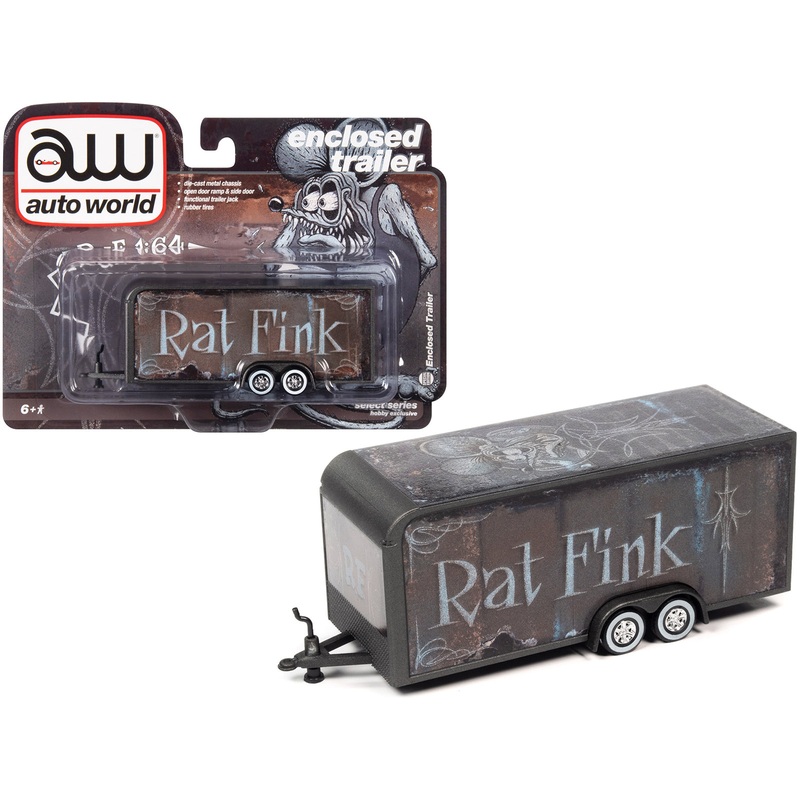 4-Wheel Enclosed Car Trailer Dark Gray with Graphics “Rat Fink” 1/64 Diecast Model by Auto World