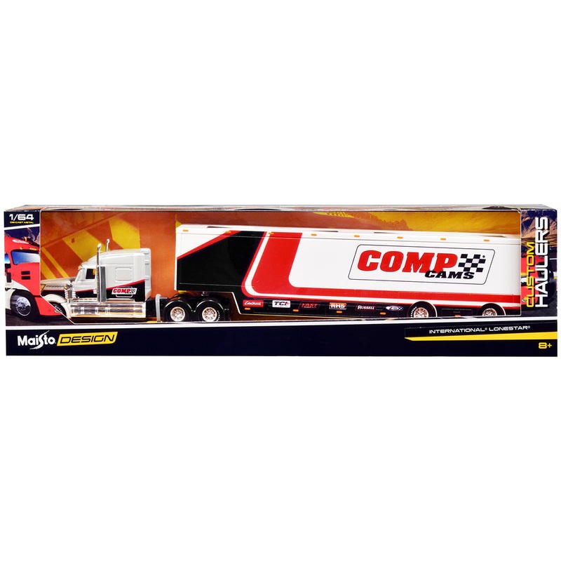 International LoneStar Enclosed Car Transporter “Comp Cams” White and Black with Stripes “Custom Haulers” Series 1/64 Diecast Model by Maisto