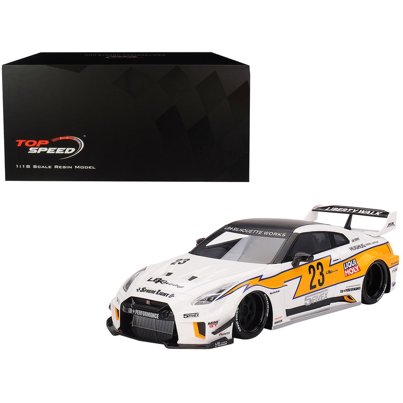 Nissan LB-Silhouette WORKS GT 35GT-RR Ver.1 RHD (Right Hand Drive) #23 White with Yellow Stripes “LB Racing” 1/18 Model Car by Top Speed