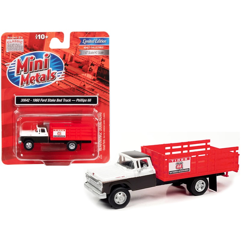 1960 Ford Stake Bed Truck “Phillips 66” Black and White with Red Stakes 1/87 (HO) Scale Model Car by Classic Metal Works