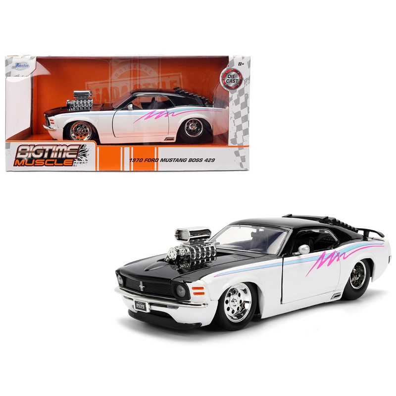 1970 Ford Mustang Boss 429 Black and White with Graphics “Bigtime Muscle” Series 1/24 Diecast Model Car by Jada
