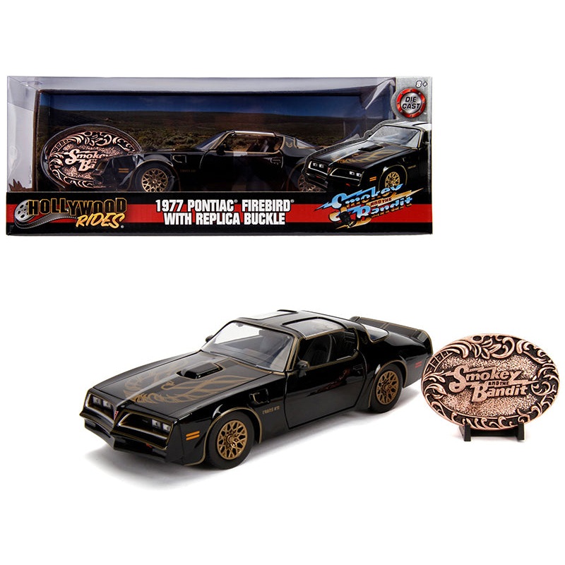 1977 Pontiac Firebird Trans Am Black with Replica Buckle “Smokey and the Bandit” (1977) Movie “Hollywood Rides” Series 1/24 Diecast Model Car by Jada