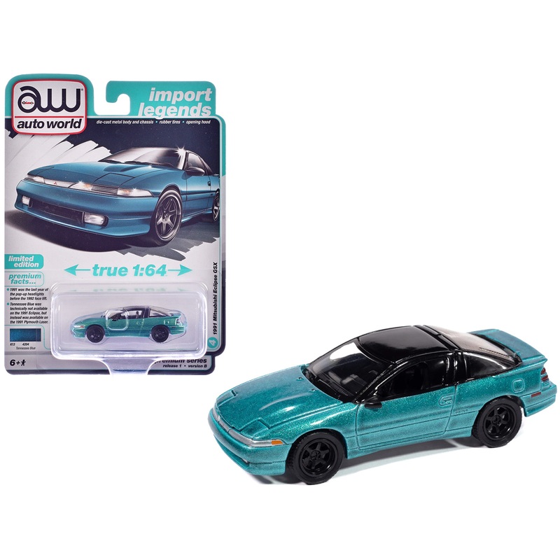 1991 Mitsubishi Eclipse GSX Tennessee Blue Metallic with Black Top “Import Legends” Series 1/64 Diecast Model Car by Auto World
