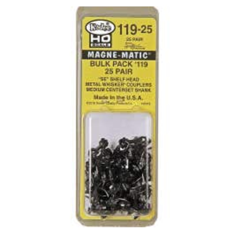 Kadee 119-25 HO Scale Bulk Pack – 25 pair #119 SE Shelf Whisker Metal Coupler – Medium (9/32″) Centerset Shank