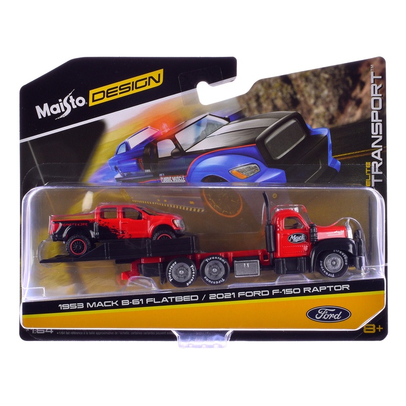 1953 Mack B-61 Flatbed Truck Red with Black and 2021 Ford F-150 Raptor Pickup Truck Red and Black “Elite Transport” Series 1/64 Diecast Models by Maisto