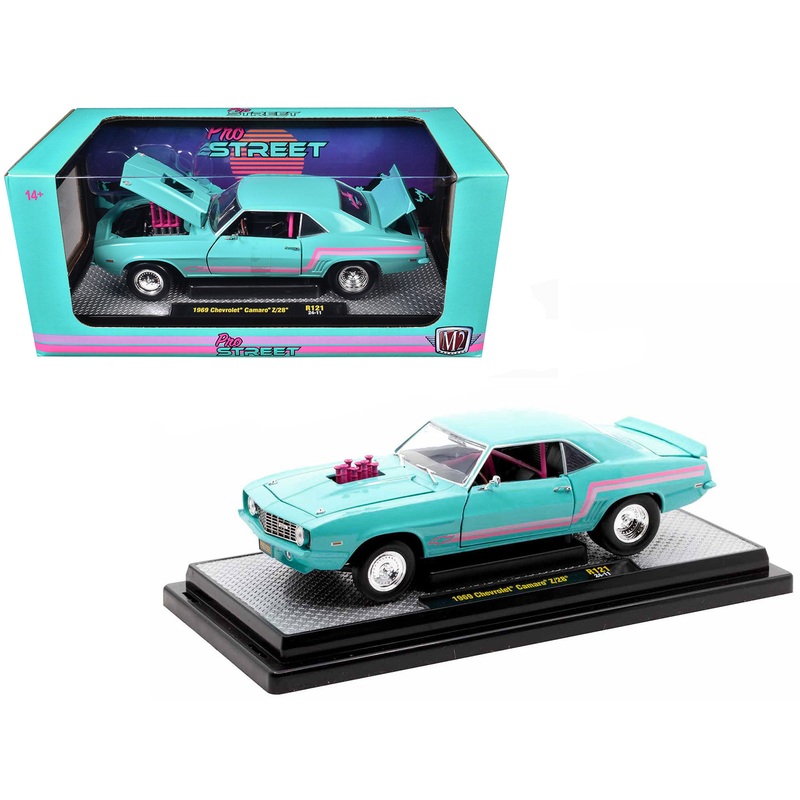 1969 Chevrolet Camaro Z/28 Light Blue with Pink Stripes “Pro Street” Limited Edition to 6250 pieces Worldwide 1/24 Diecast Model Car by M2 Machines