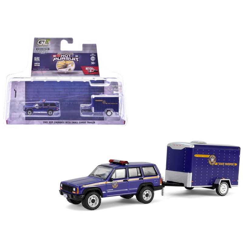 2001 Jeep Cherokee “New York State Police” Blue with Yellow Stripes and Small Cargo Trailer “Hot Pursuit Hitch & Tow” Series 1 1/64 Diecast Model Cars by Greenlight