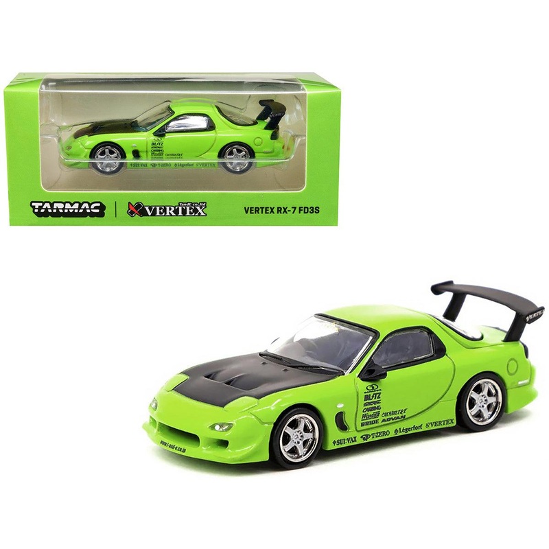 Vertex RX-7 FD3S RHD (Right Hand Drive) Light Green with Matt Black Hood and Graphics “Global64” Series 1/64 Diecast Model Car by Tarmac Works