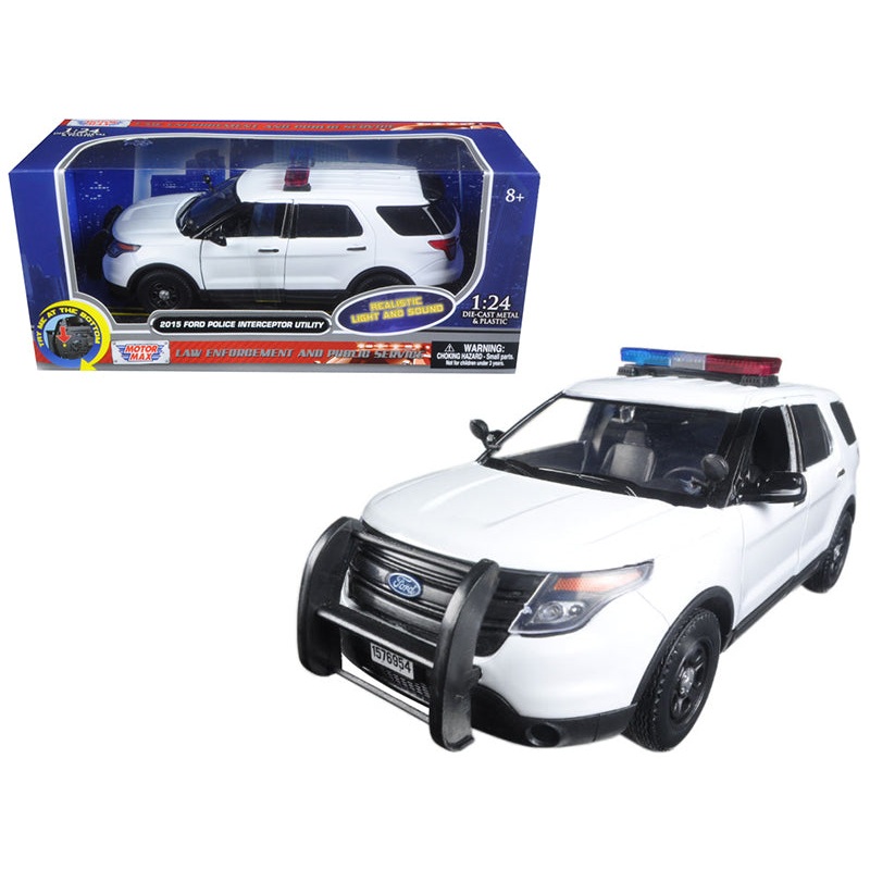 2015 Ford Police Interceptor Utility White with Flashing Light Bar and Front and Rear Lights and 2 Sounds 1/24 Diecast Model Car by Motormax