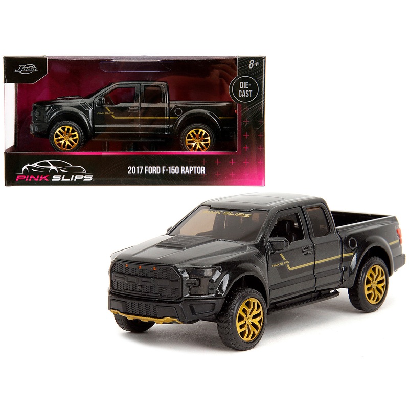 2017 Ford F-150 Raptor Pickup Truck Black Metallic with Gold Stripes “Pink Slips” Series 1/32 Diecast Model Car by Jada