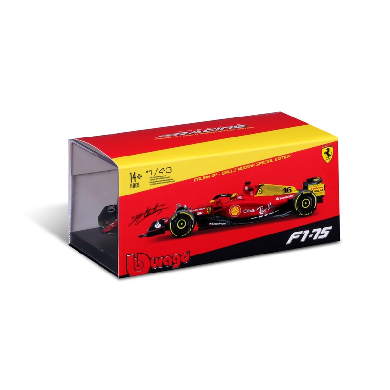 Burago – 1/43 Ferrari F1-75 2022 Monza w/ Helmet – Case (#16 C. Leclerc)