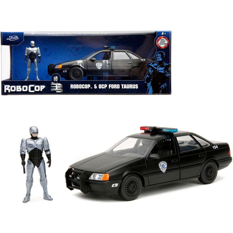 Ford Taurus OCP Matt Black “Detroit Police” and Robocop Diecast Figure 35th Anniversary “Robocop” (1987) Movie “Hollywood Rides” Series 1/24 Diecast Model Car by Jada