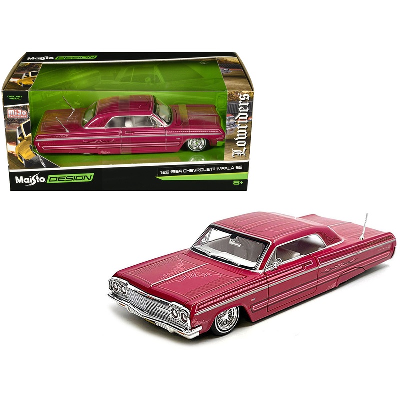 1964 Chevrolet Impala SS Lowrider Pink with Graphics and White Interior “Lowriders” “Maisto Design” Series 1/26 Diecast Model Car by Maisto