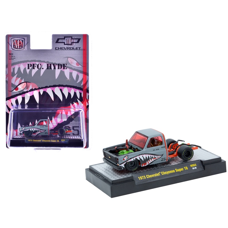 1973 Chevrolet Cheyenne Super 10 Bedless Truck “PFC. Hyde” Gray with Shark Mouth Graphics “Lowriders” Limited Edition to 12364 pieces Worldwide 1/64 Diecast Model Car by M2 Machines