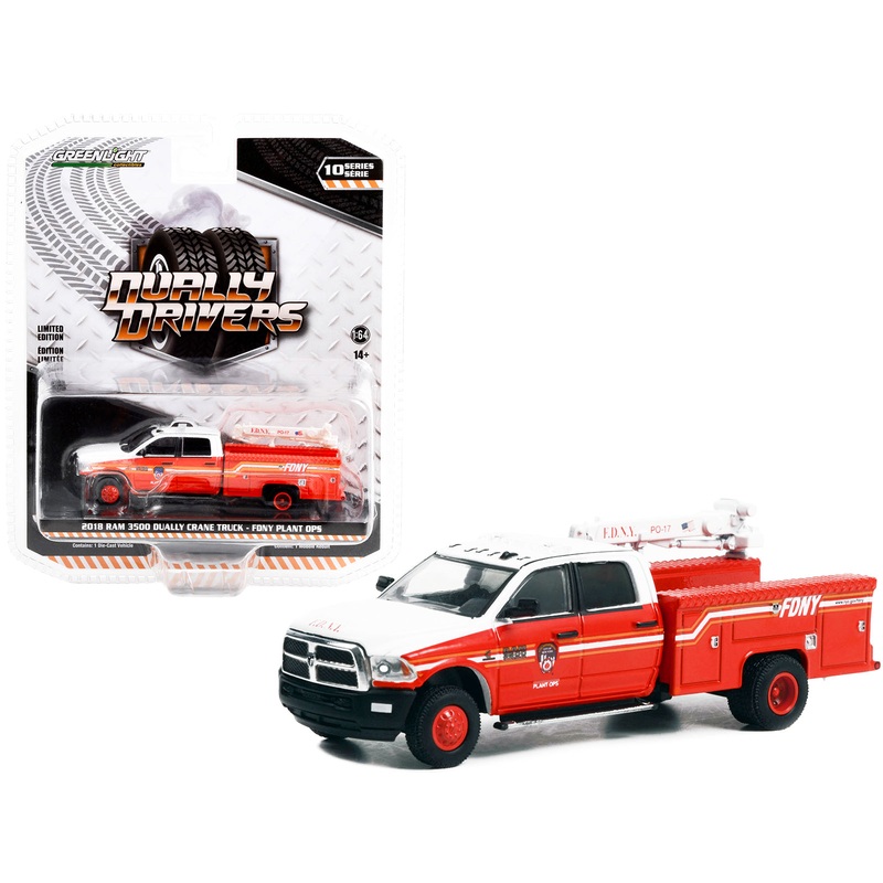 2018 Ram 3500 Dually Crane Truck Red and White with Stripes “FDNY (Fire Department of the City of New York) Plant Ops” “Dually Drivers” Series 10 1/64 Diecast Model Car by Greenlight