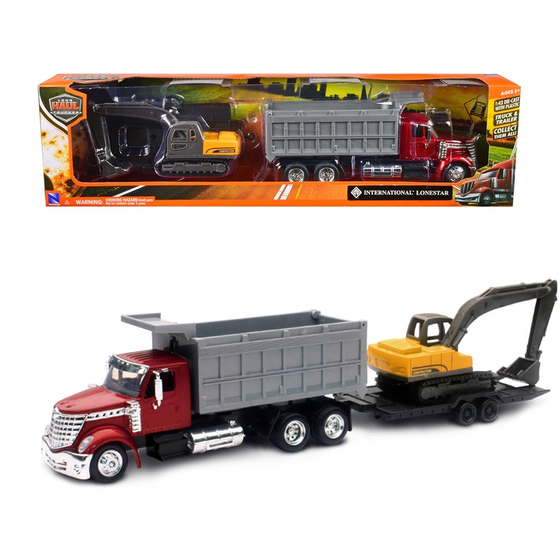 International Lonestar Dump Truck Red and Tracked Excavator Yellow with Flatbed Trailer “Long Haul Truckers” Series 1/43 Diecast Model by New Ray