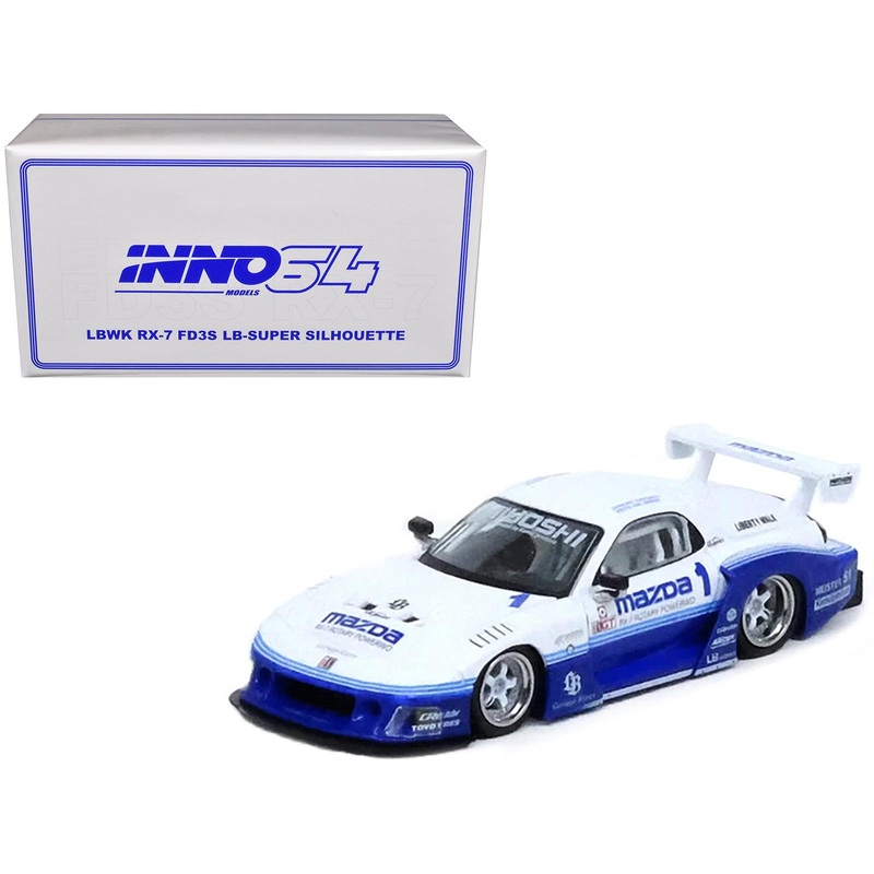 Mazda RX7 (FD3S) LB-Super-Silhouette RHD (Right Hand Drive) #1 White and Blue “Hong Kong Toy Car Salon 2024 Special Edition” 1/64 Diecast Model Car by Inno Models