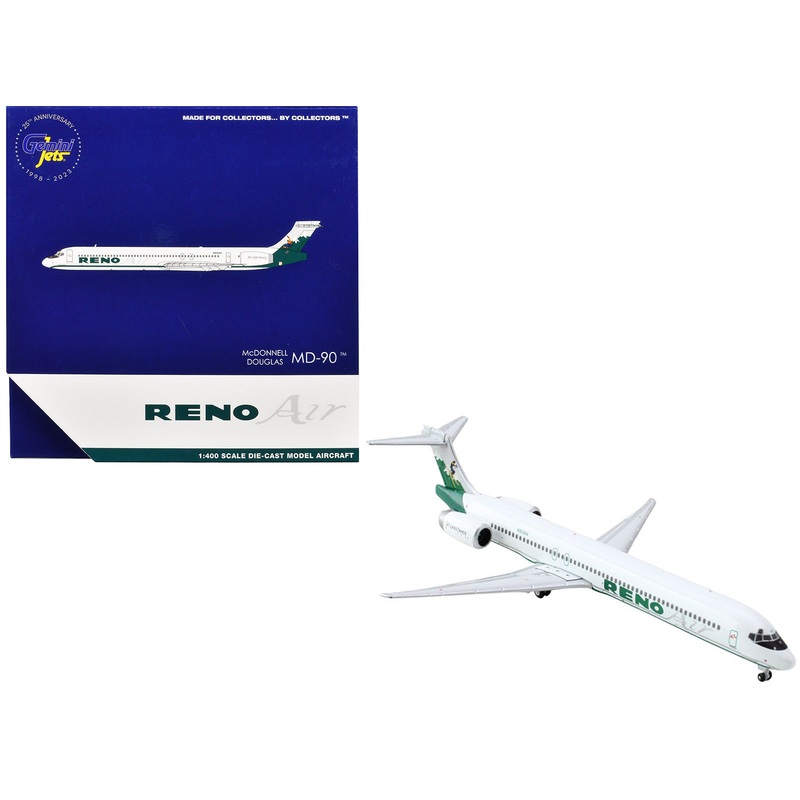 McDonnell Douglas MD-90 Commercial Aircraft “Reno Air” (N905RA) White with Green Tail 1/400 Diecast Model Airplane by GeminiJets