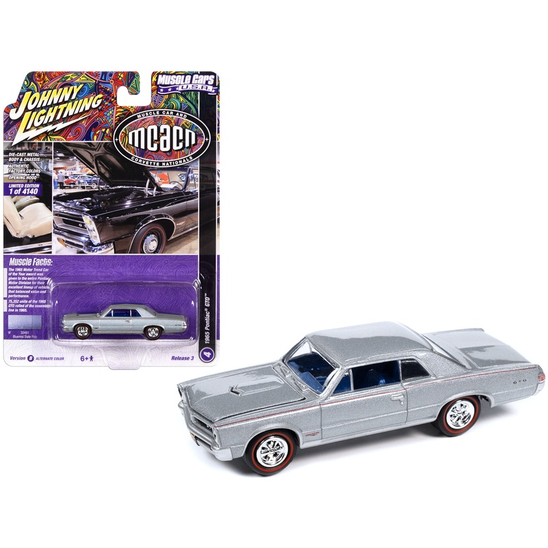 1965 Pontiac GTO Bluemist Slate Metallic with Red Stripes and Blue Interior “MCACN (Muscle Car and Corvette Nationals)” Limited Edition to 4140 pieces Worldwide “Muscle Cars USA” Series 1/64 Diecast Model Car by Johnny Lightning