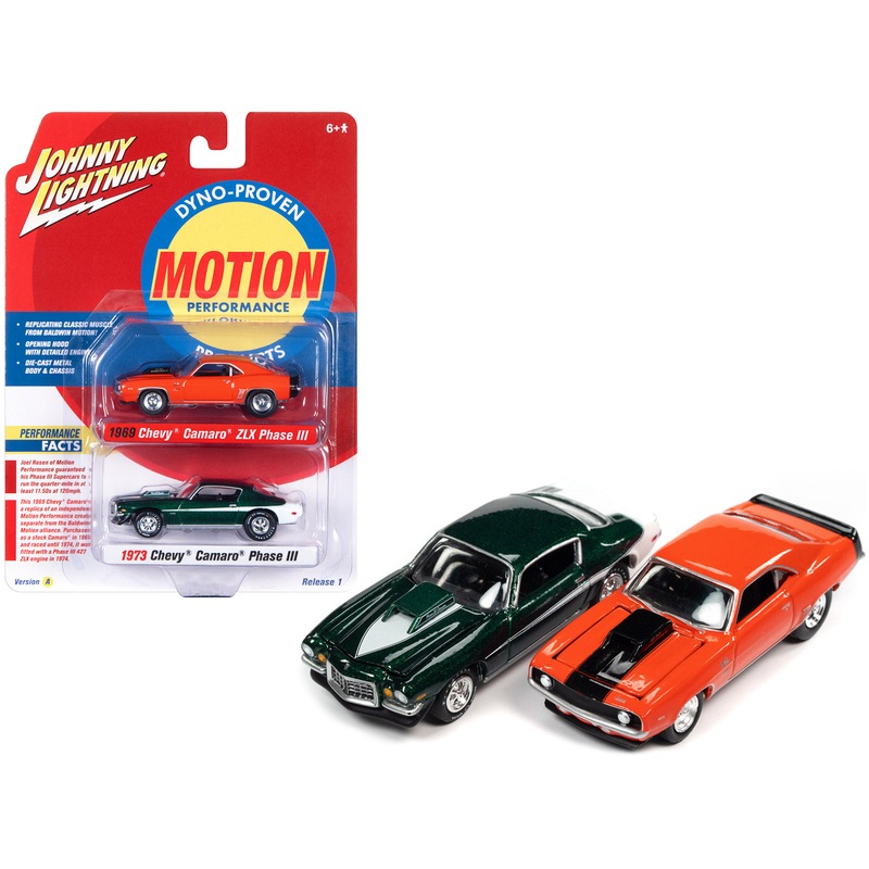 1969 Chevrolet Camaro ZLX Phase III Hugger Orange with Black Stripes and 1973 Chevrolet Camaro Phase III Dark Green Metallic and White “Baldwin Motion” Set of 2 Cars 1/64 Diecast Model Cars by Johnny Lightning
