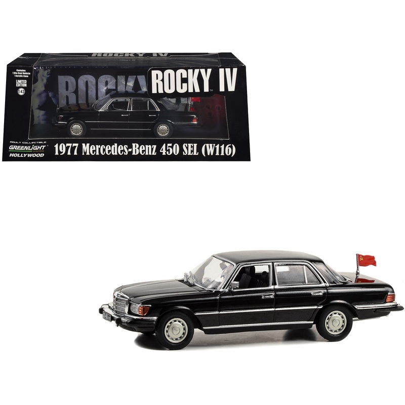 1977 Mercedes-Benz 450 SEL (W116) Black with Soviet Flag “Rocky IV” (1985) Movie 1/43 Diecast Model Car by Greenlight