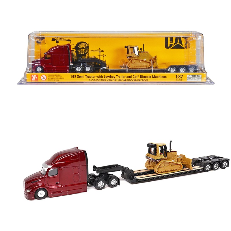 Peterbilt 579 UltraLoft Tandem Tractor Red Metallic with Lowboy Trailer and CAT D5M Dozer Yellow 1/87 (HO) Diecast Model by Diecast Masters