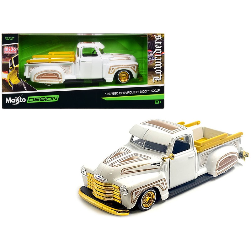 1950 Chevrolet 3100 Pickup Truck Lowrider White with Graphics and Gold Wheels “Lowriders” Series 1/25 Diecast Model Car by Maisto