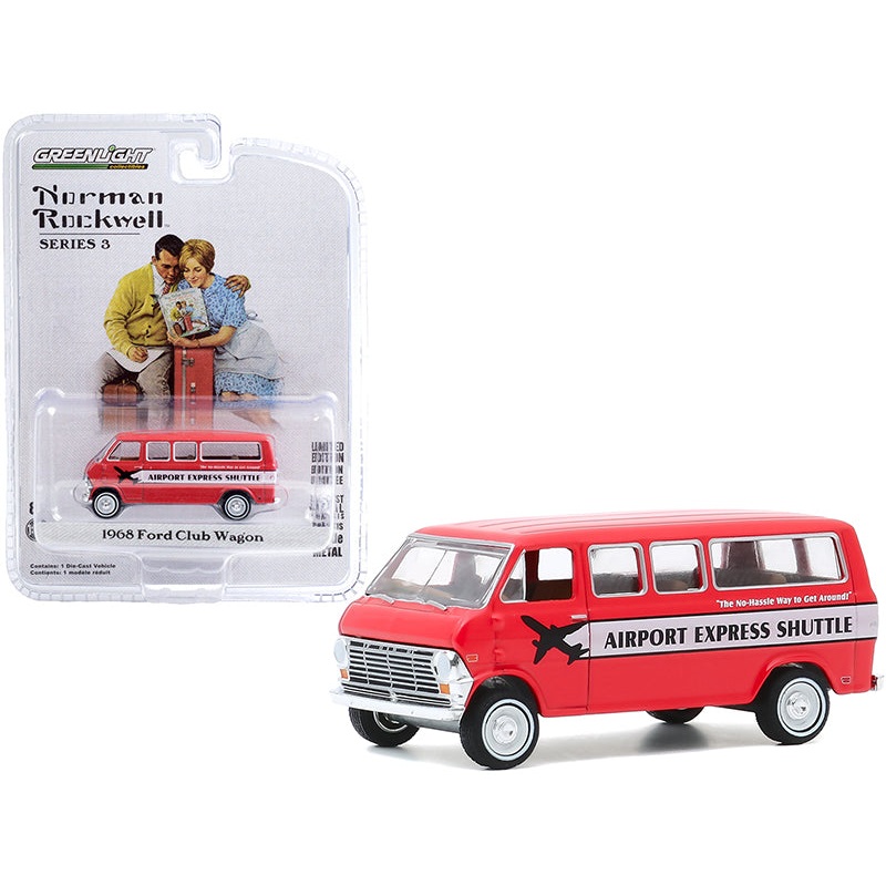 1968 Ford Club Wagon Bus “Airport Express Shuttle” Red with White Stripe “Norman Rockwell” Series 3 1/64 Diecast Model Car by Greenlight