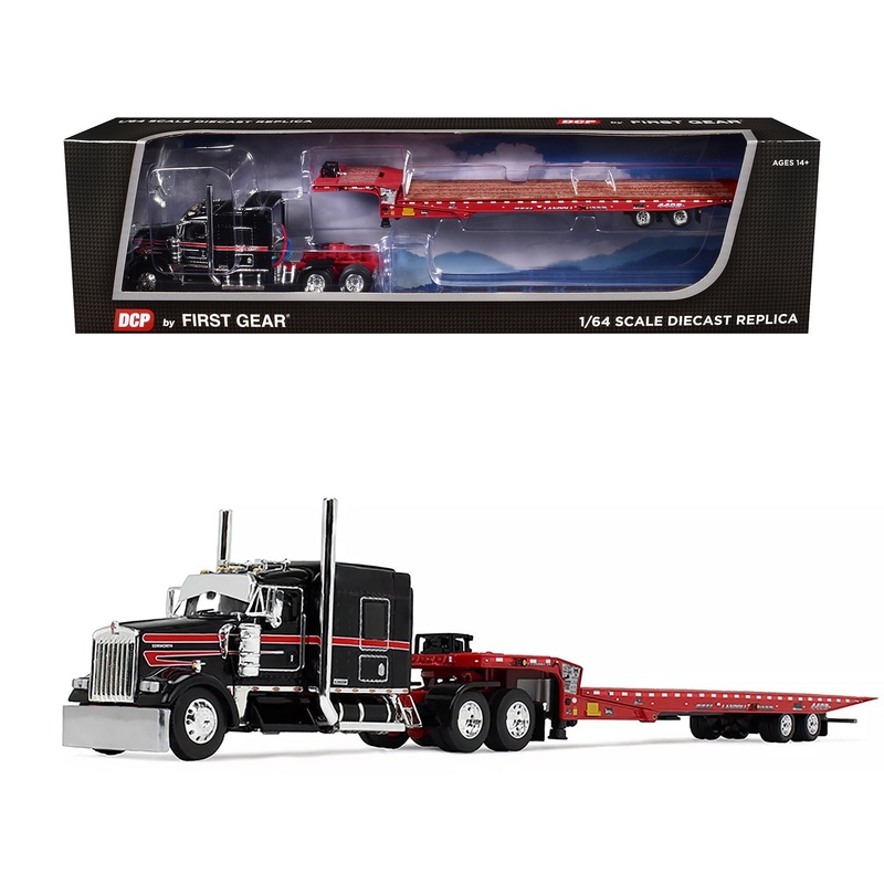 Kenworth W900L with 72″ AeroCab Sleeper and Landoll 440B50CA Traveling Axle Trailer Black and Red 1/64 Diecast Model by DCP/First Gear