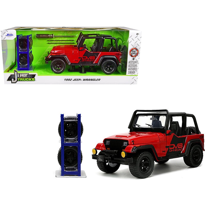 1992 Jeep Wrangler DV8 Off-Road Red with Matt Black Stripes with Extra Wheels “Just Trucks” Series 1/24 Diecast Model Car by Jada