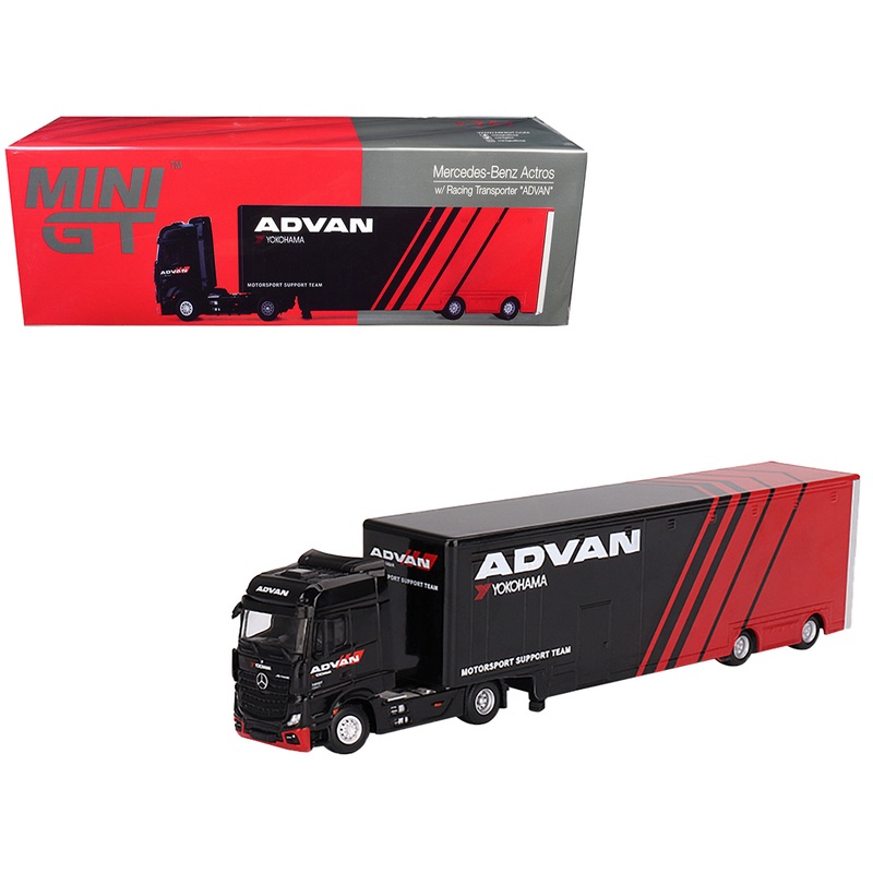 Mercedes-Benz Actros with Racing Transporter Red and Black “ADVAN” 1/64 Diecast Model Car by Mini GT