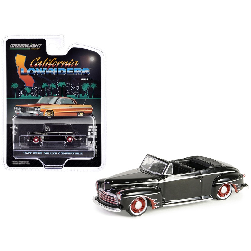 1947 Ford Deluxe Convertible Lowrider Black wit h Red Graphics “California Lowriders” Series 5 1/64 Diecast Model Car by Greenlight