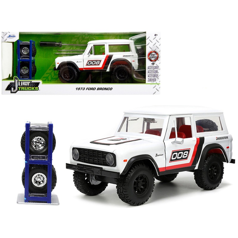1973 Ford Bronco #008 White with Red and Black Stripes and Red Interior with Extra Wheels “Just Trucks” Series 1/24 Diecast Model Car by Jada