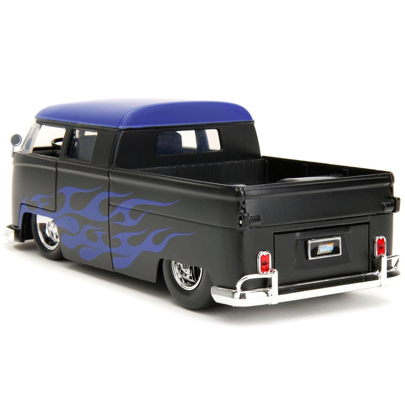 1963 Volkswagen Bus Pickup Truck Matt Black with Matt Blue Top and Flames Graphics “Punch Buggy” Series 1/24 Diecast Model Car by Jada