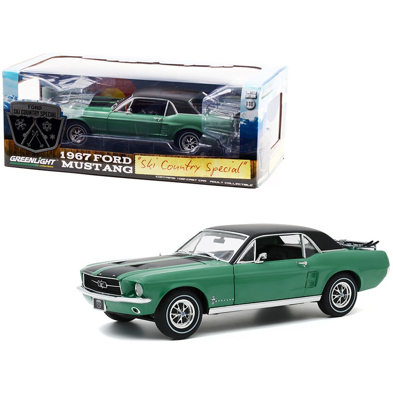 1967 Ford Mustang Coupe Loveland Green Metallic with Black Stripes and Black Top and a Pair of Skis “Ski Country Special” 1/18 Diecast Model Car by Greenlight