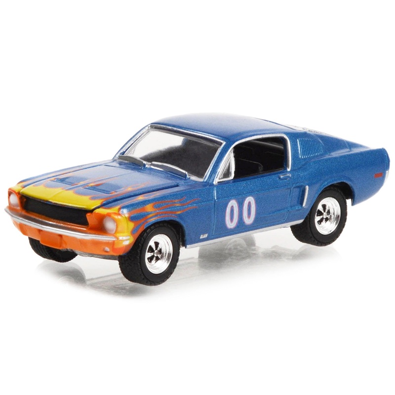 1968 Ford Mustang GT Fastback #00 Blue Metallic with Flames Graphics “Hobby Exclusive” Series 1/64 Diecast Model Car by Greenlight