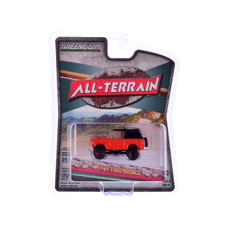 1969 Ford Bronco Poppy Red with Black Soft Top “All Terrain” Series 16 1/64 Diecast Model Car by Greenlight