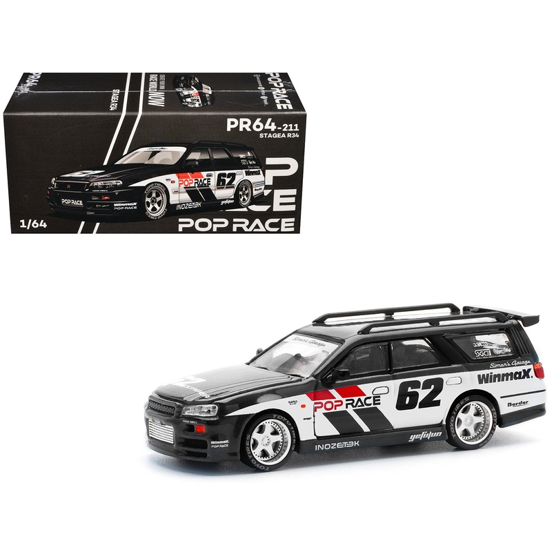 GT-R Stagea RHD (Right Hand Drive) #62 “Simon’s Garage” Black with White Sides 1/64 Diecast Model Car by Pop Race