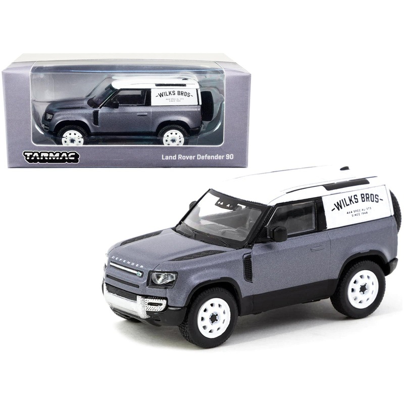 Land Rover Defender 90 Matt Blue Gray Metallic with White Top “Wilks Bros” “Global64” Series 1/64 Diecast Model Car by Tarmac Works